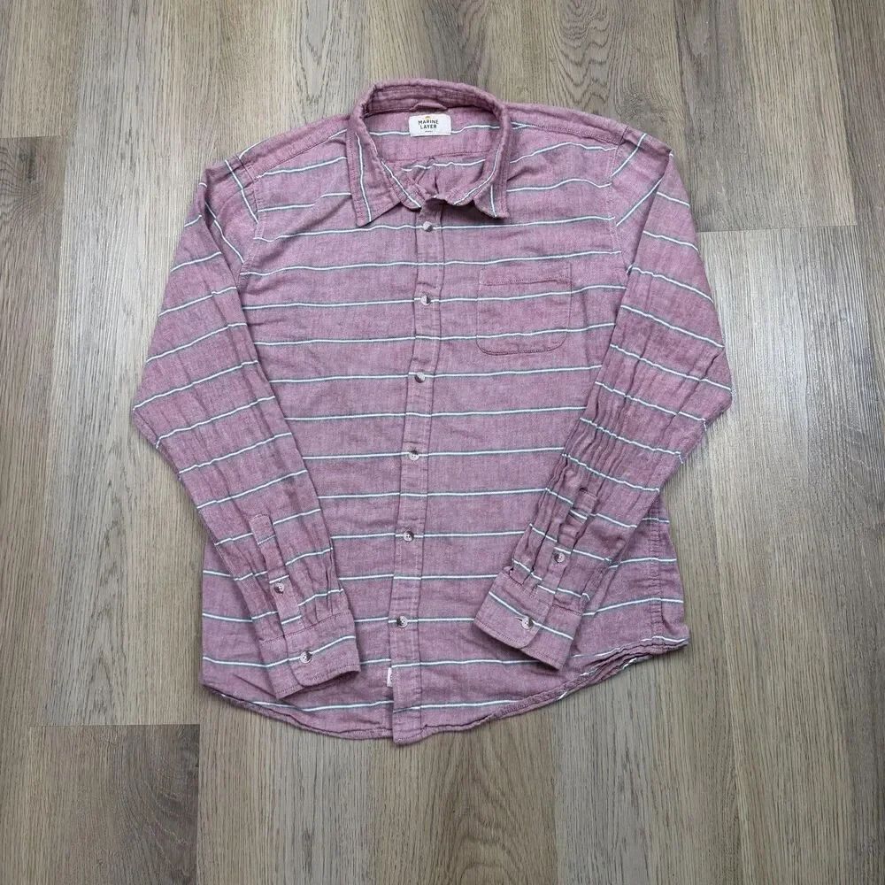 Marine Layer Shirt Mens M/L Pink Striped Long Sleeve Button Up Twill Casual